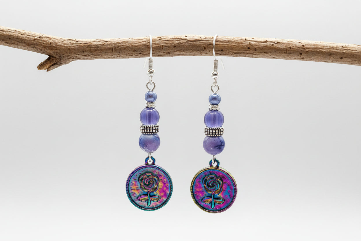 Rainbow Flower Charm Earrings - Stainless Steel Dangle Earrings with Purple Glass Beads