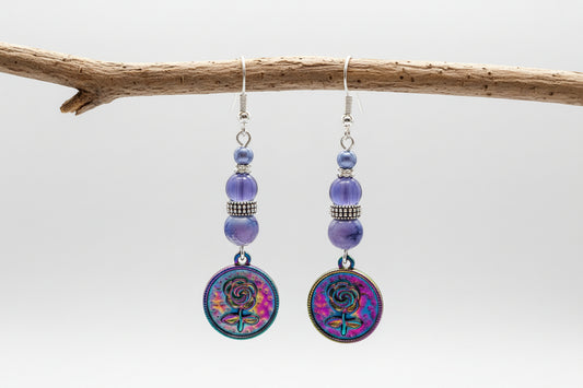 Rainbow Flower Charm Earrings - Stainless Steel Dangle Earrings with Purple Glass Beads