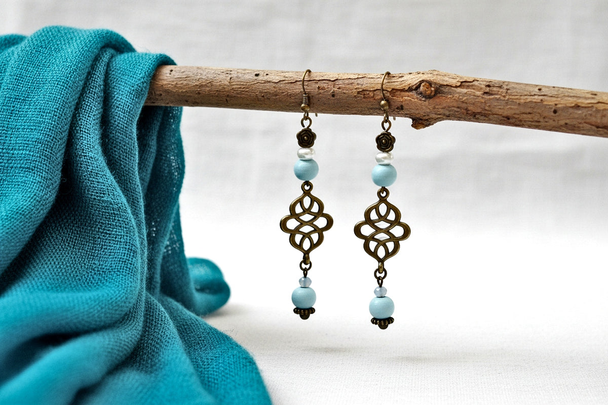 Boho Blue Teal Earrings - Antique Bronze Dangle Earrings 3 Inches
