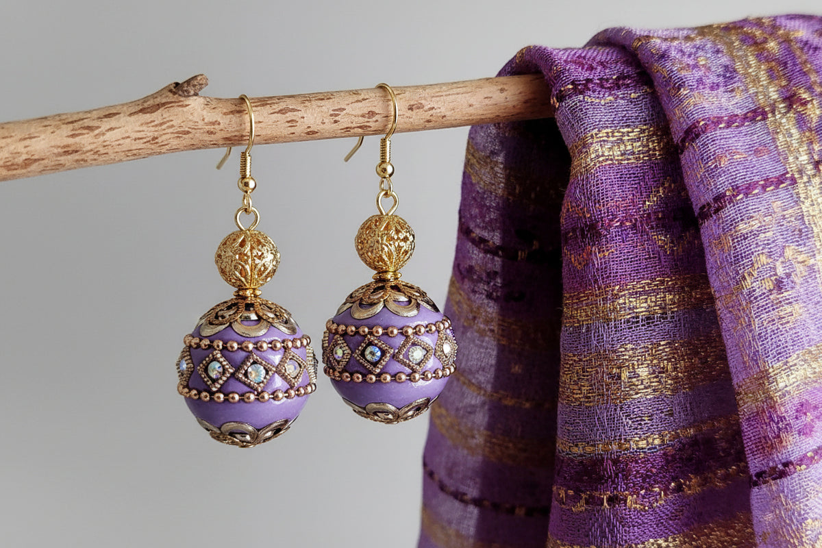 Purple Indonesian Bead Earrings - Gold Filigree & 14K Gold Plated Hooks