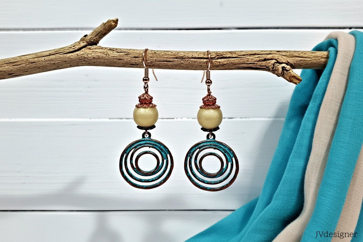 Patina Swirl Earrings Rose Gold - Handmade French Hook Dangle Earrings