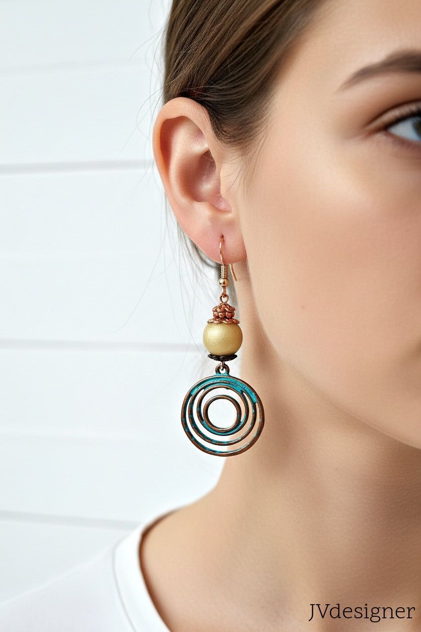 Patina Swirl Earrings Rose Gold - Handmade French Hook Dangle Earrings