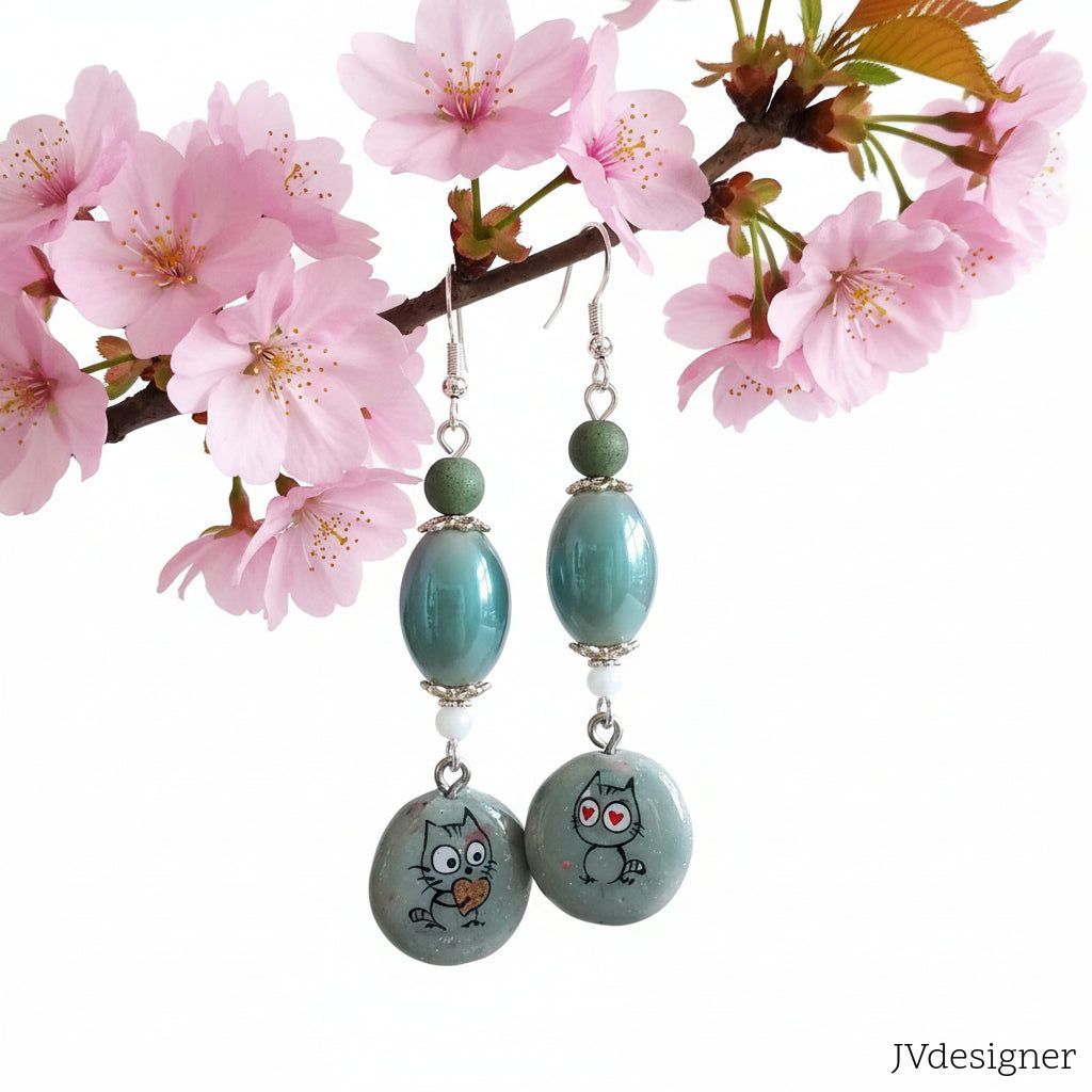 Handmade Cat Dangle Earrings, Teal Glass Beads, Cute Kitty Charm, Silver Plated Hooks, Cat Lover Jewelry
