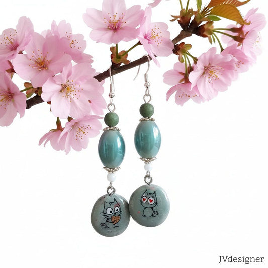 Handmade Cat Dangle Earrings, Teal Glass Beads, Cute Kitty Charm, Silver Plated Hooks, Cat Lover Jewelry