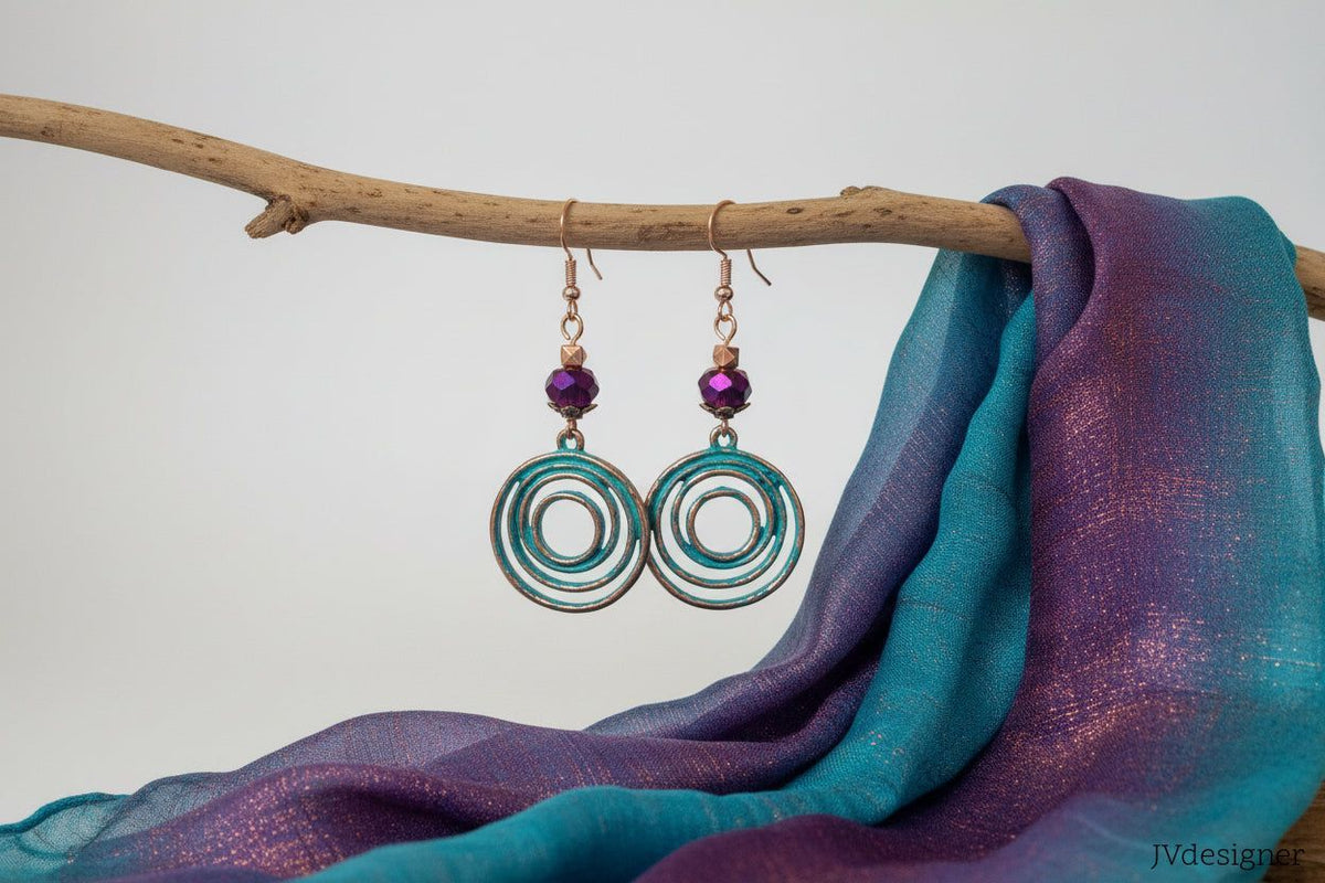 Patina Swirl Rose Gold Earrings - Purple Crystal Faceted Bead Dangle Earrings