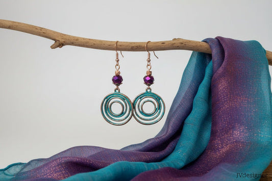 Patina Swirl Rose Gold Earrings - Purple Crystal Faceted Bead Dangle Earrings
