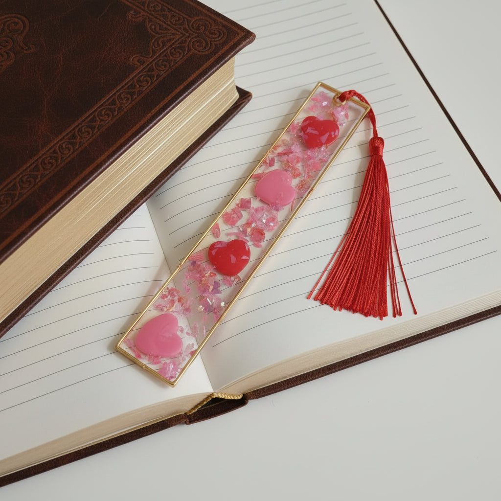 Decorative bookmark with floral design and red tassel on a notebook page