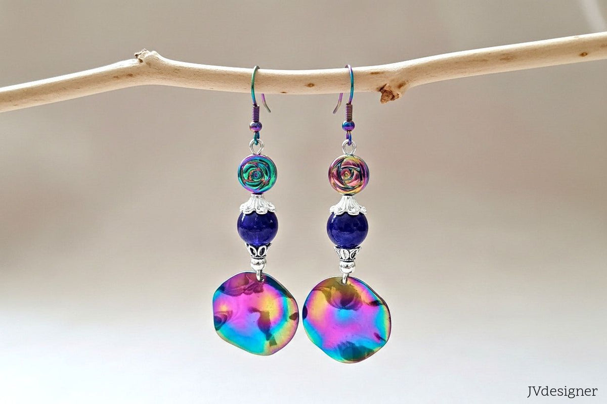 Rainbow Ion Plated Earrings - Purple Crystal Dangle Earrings with Silver Accents for Women