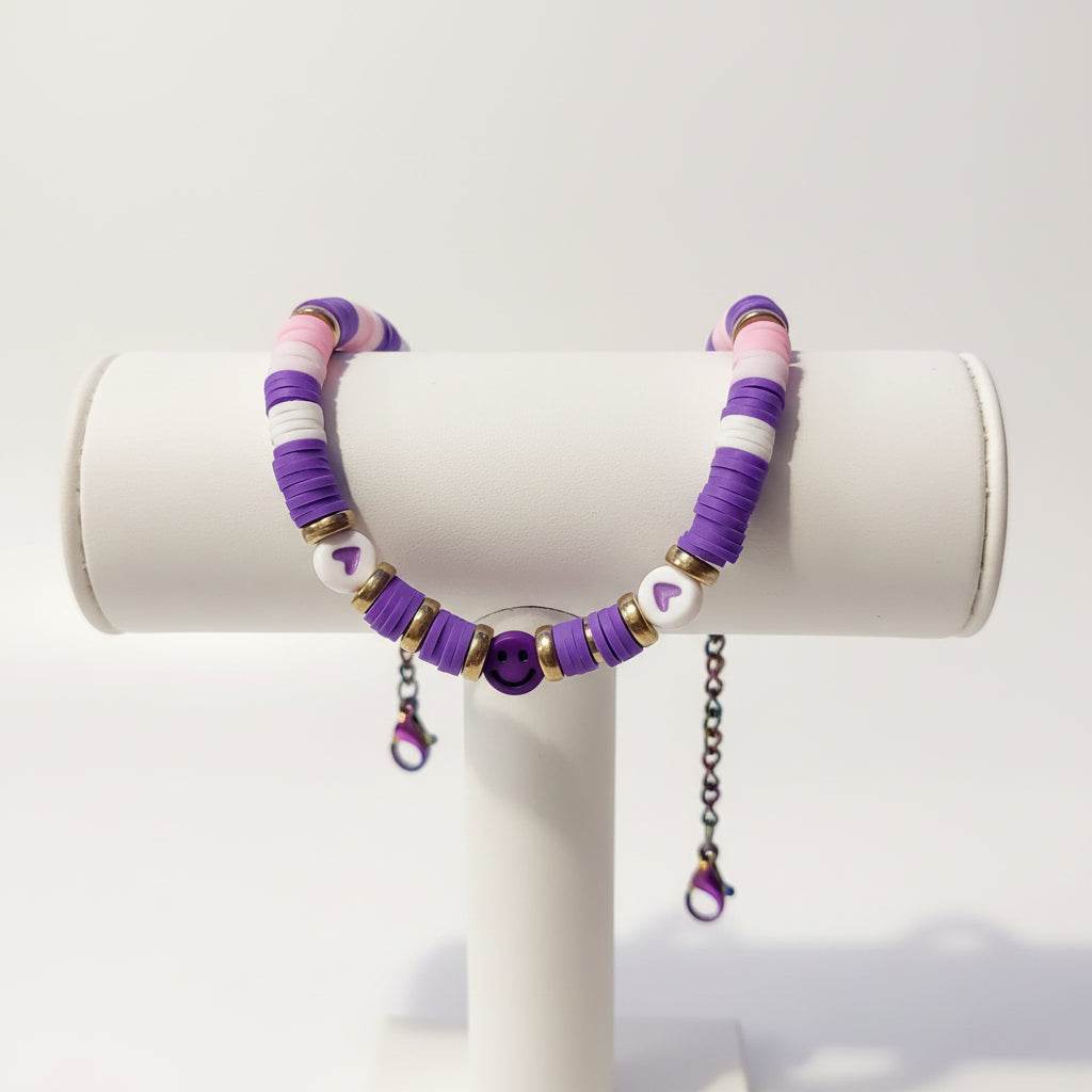 Clay Purple Pink Rainbow Bracelet - Colorful Smiley Face Beaded Bracelet with Stainless Steel Chain