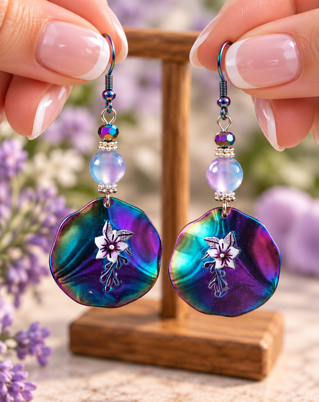 A pair of dangling earrings held between two hands, featuring iridescent shell-shaped pendants with a white flower motif and light blue beads, displayed against a soft blurred background with purple flowers and a wooden stand.