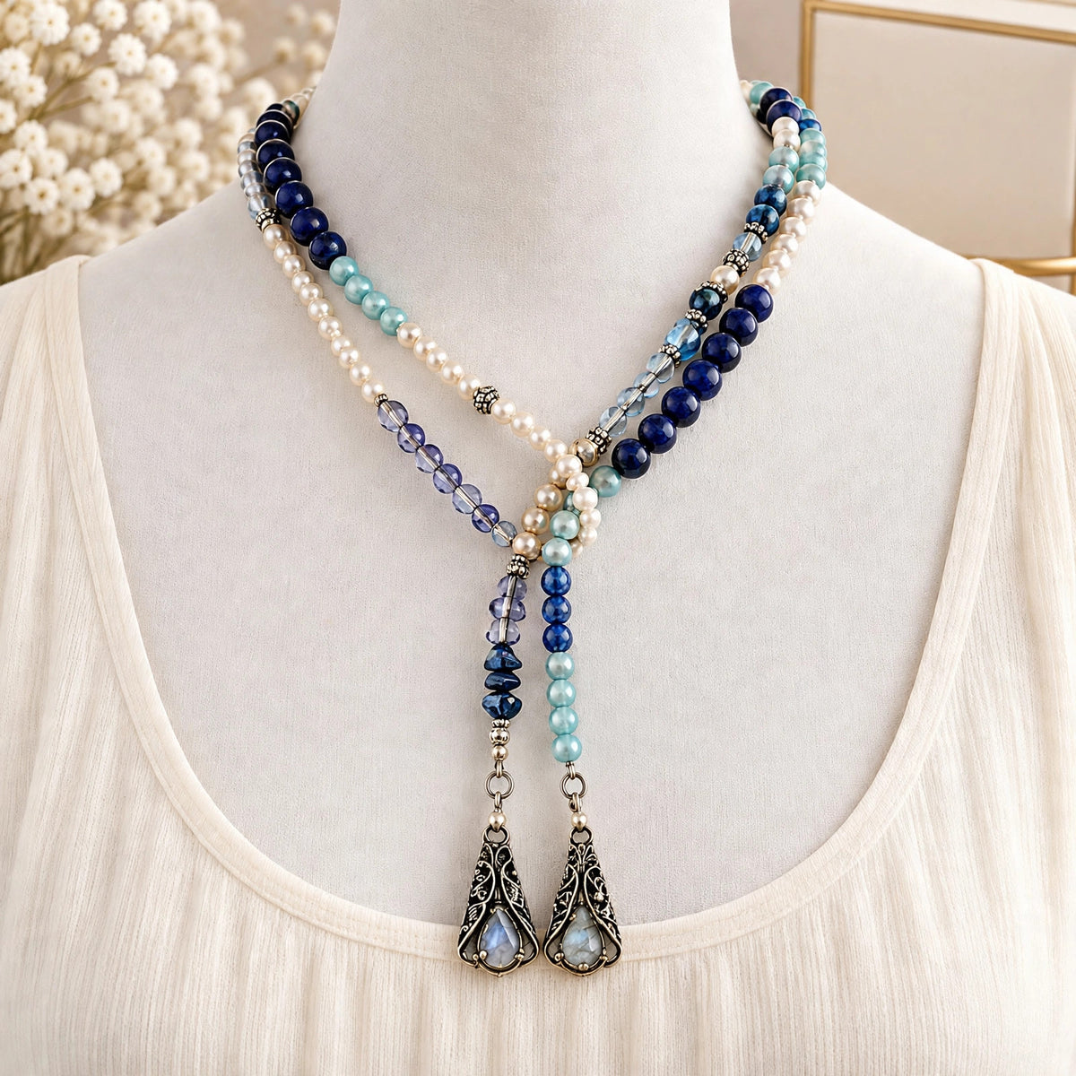 A multi-strand beaded necklace displayed on a wooden jewelry bust. The necklace features cream pearls, deep blue beads, light aqua beads, and purple faceted beads, with two ornate silver-toned teardrop pendants hanging at the center.