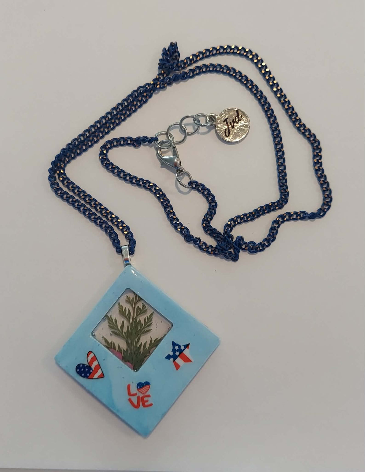 Handcrafted Resin 4th of July Pendant Necklace – 24" Blue Chain