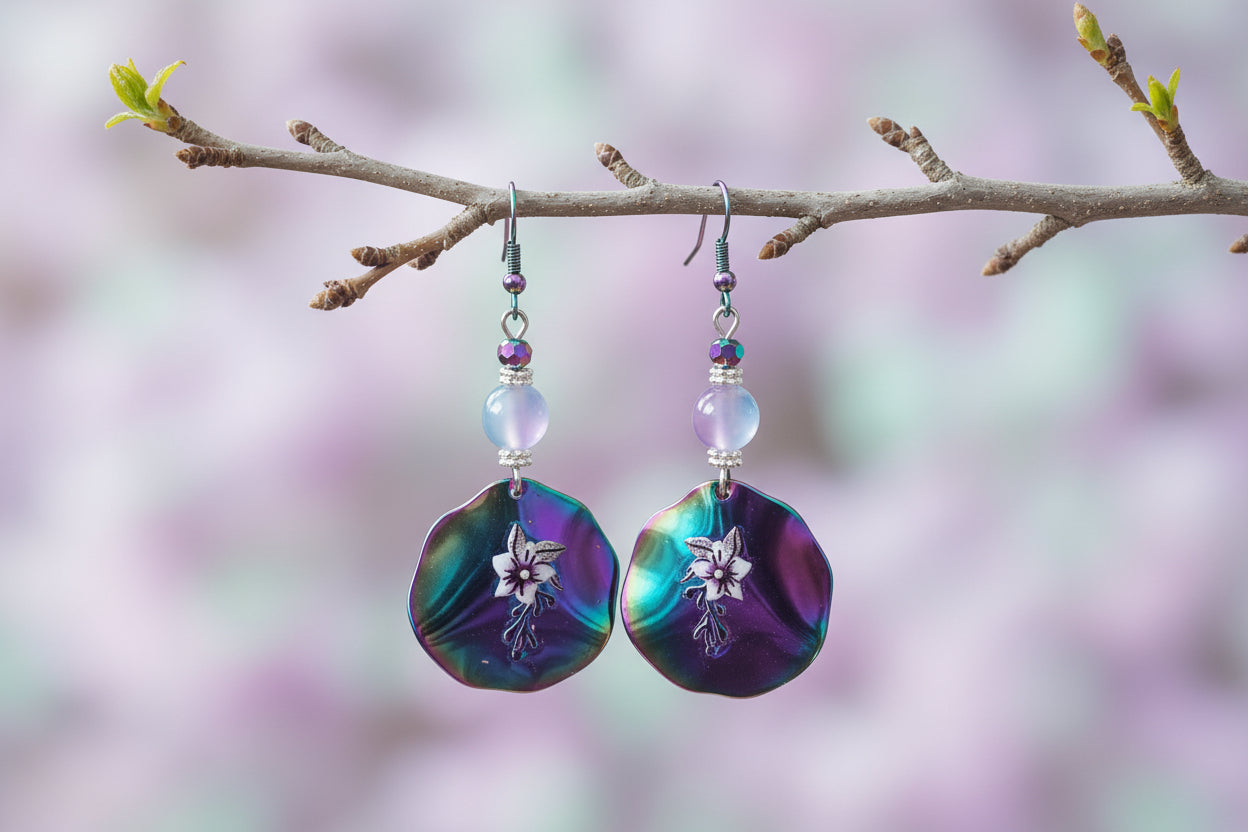 Pair of colorful earrings with floral design hanging on a branch against a gray background