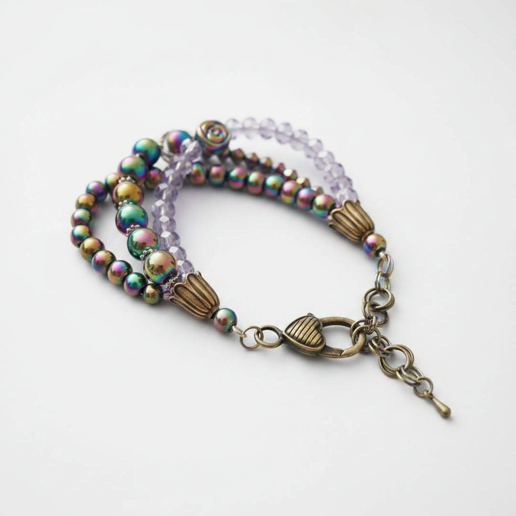 Multicolored beaded bracelet with a clasp on a white background