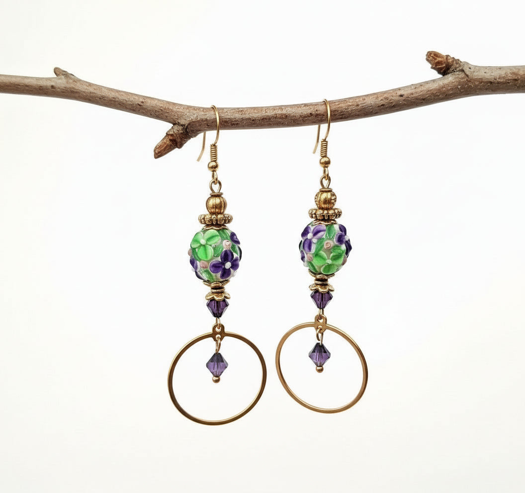 Lampwork Flower Earrings - Handcrafted Purple Pink Green | 3 Inches