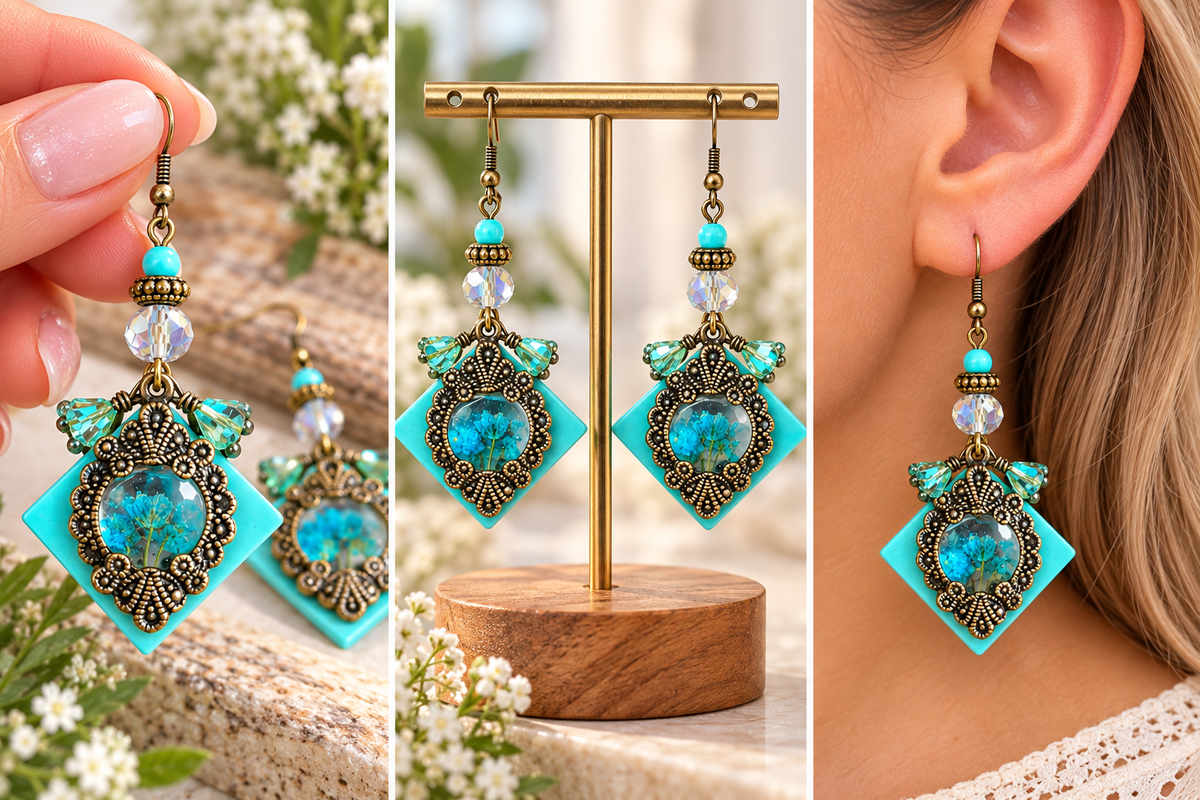 Woman wearing antique bronze square resin earrings with blue flowers