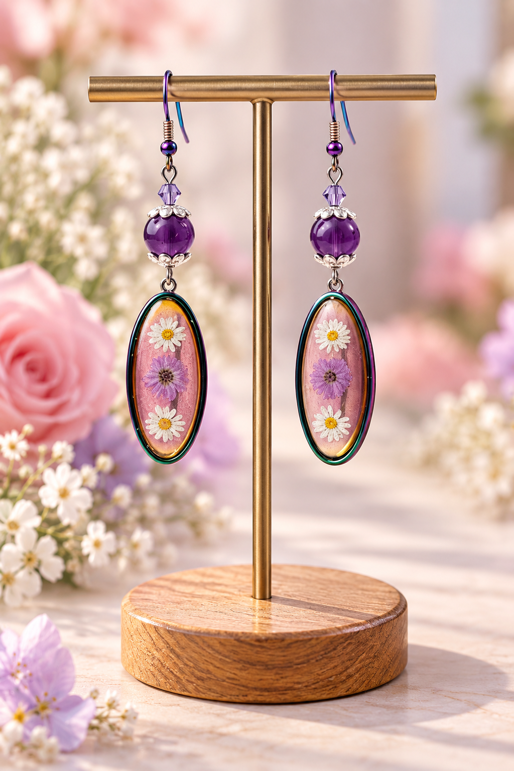 Iridescent purple rainbow earrings with dried flowers on a display stand