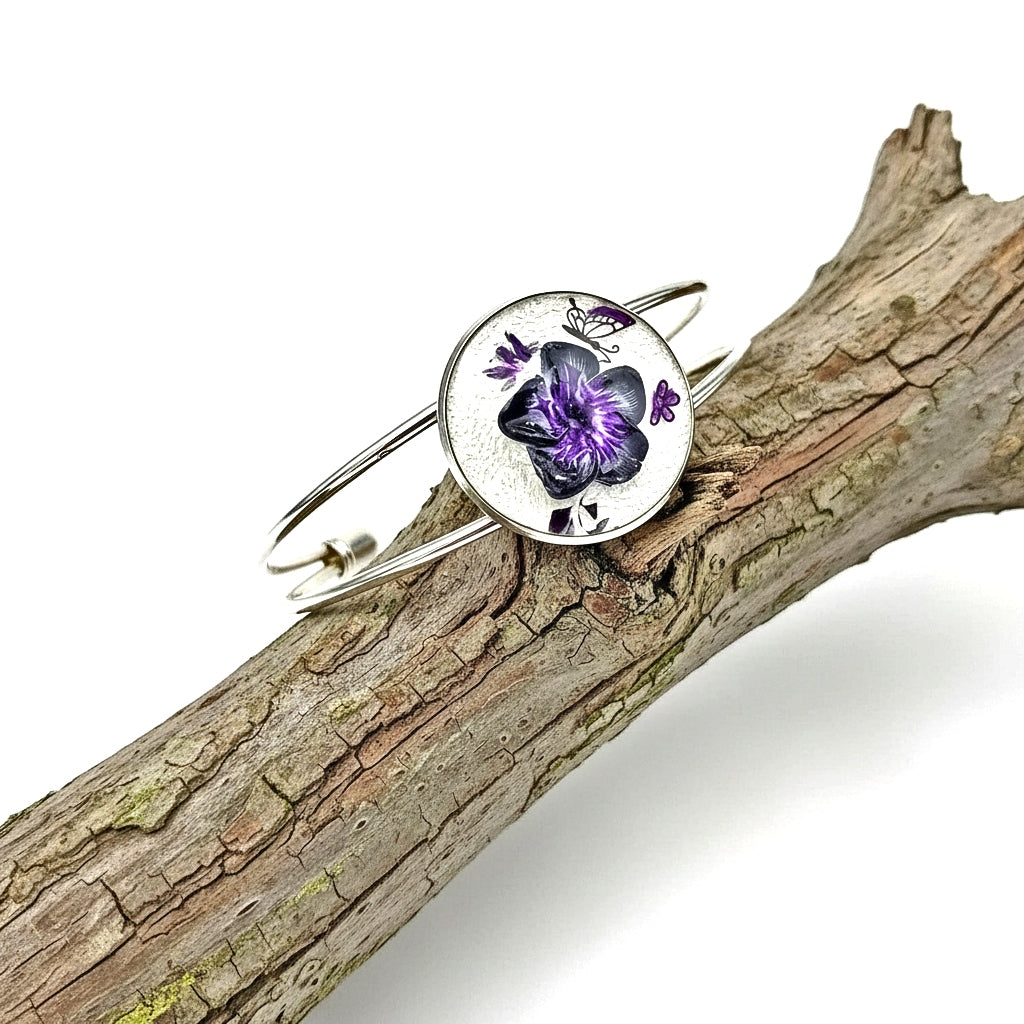 Purple Black Resin Flower Bracelet Adjustable | Handpainted Clay Butterfly Silver | Unique Jewelry