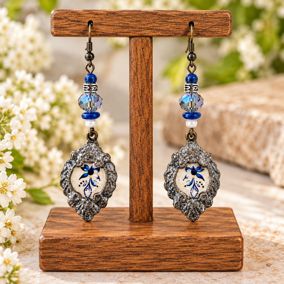 Blue floral dangle earrings with ornate frames and crystal beads on a display stand