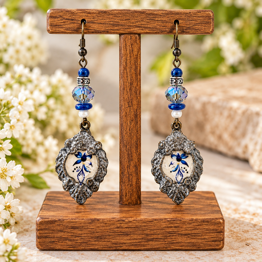 Blue floral dangle earrings with ornate frames and crystal beads on a display stand