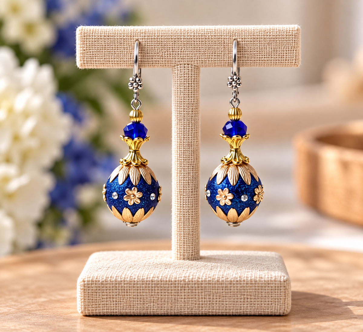 Blue and gold ornate ball dangle earrings on a display stand