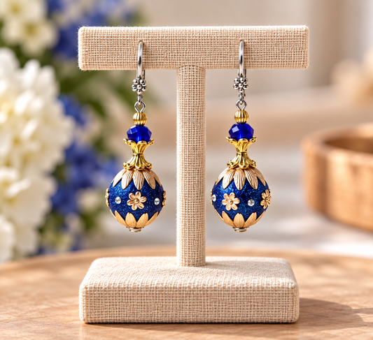 Blue and gold ornate ball dangle earrings on a display stand