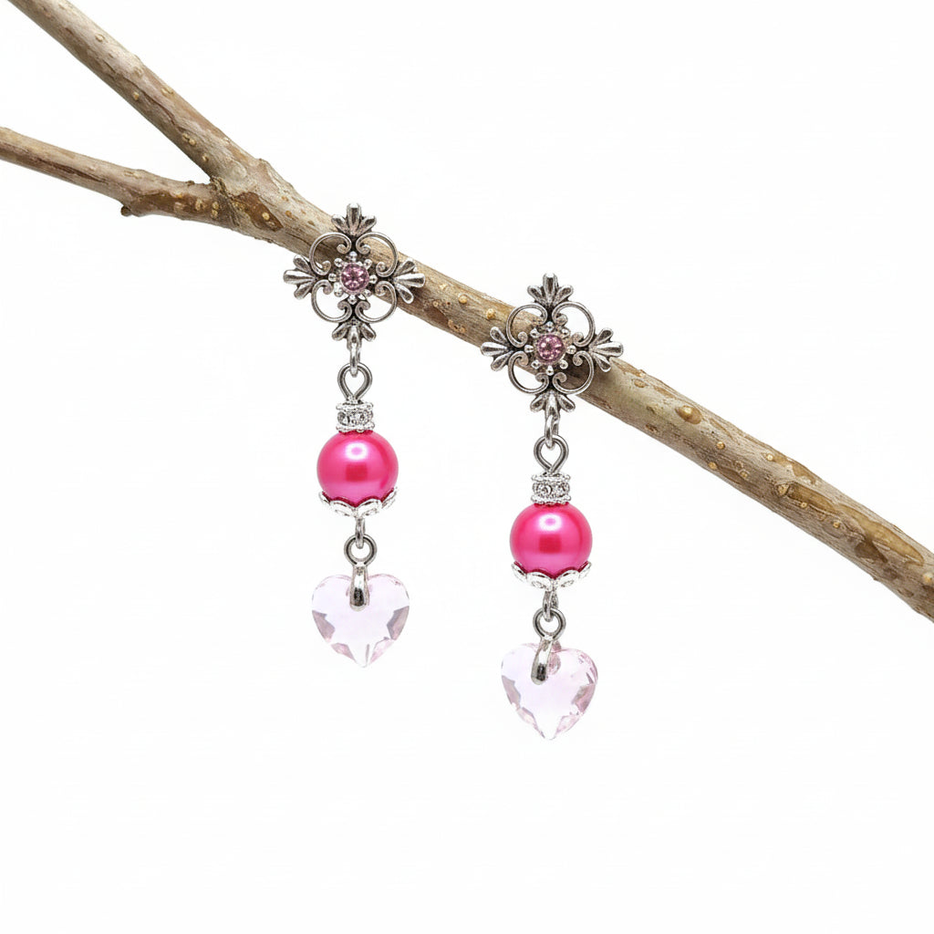 Flower Ear stud earrings with pink rhinestone crystal pink heart