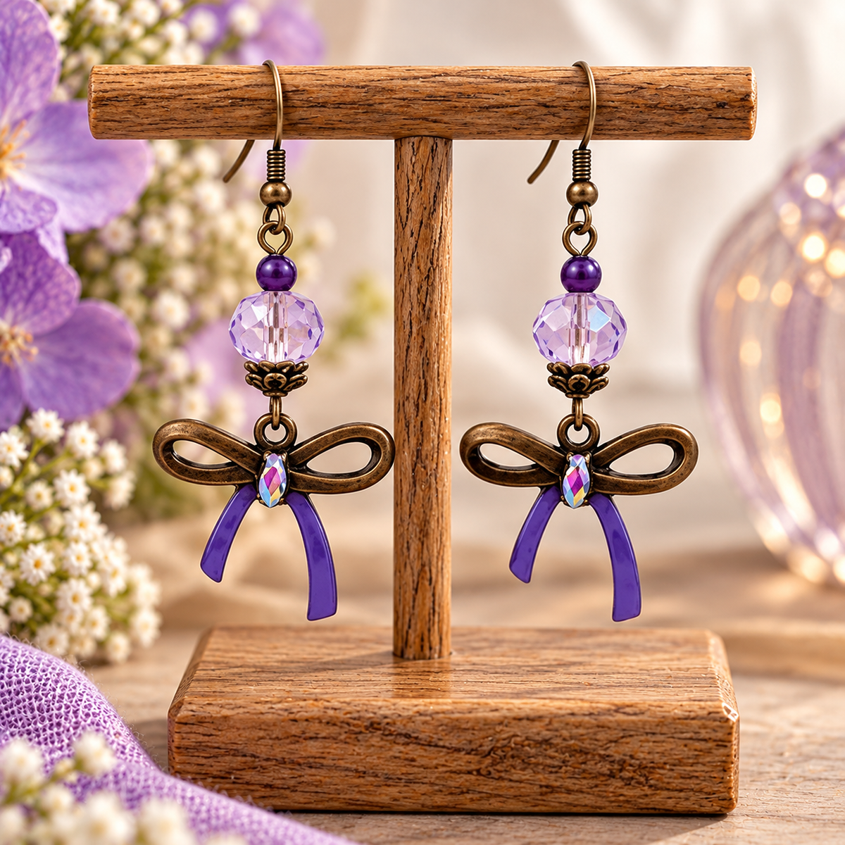 Lilac purple bronze bow earrings on wooden display stand with purple flowers
