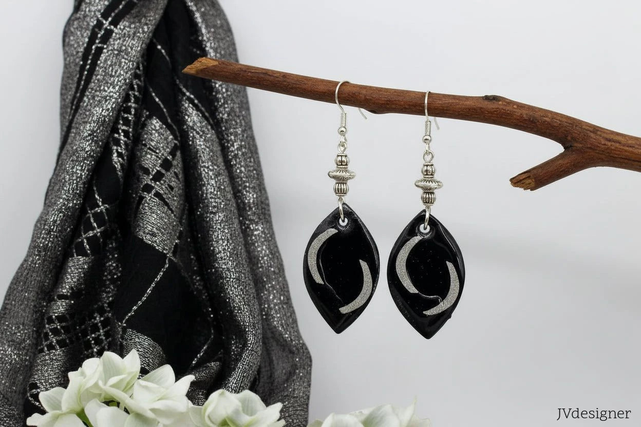 Silver black Wood drop Earring 2.75"