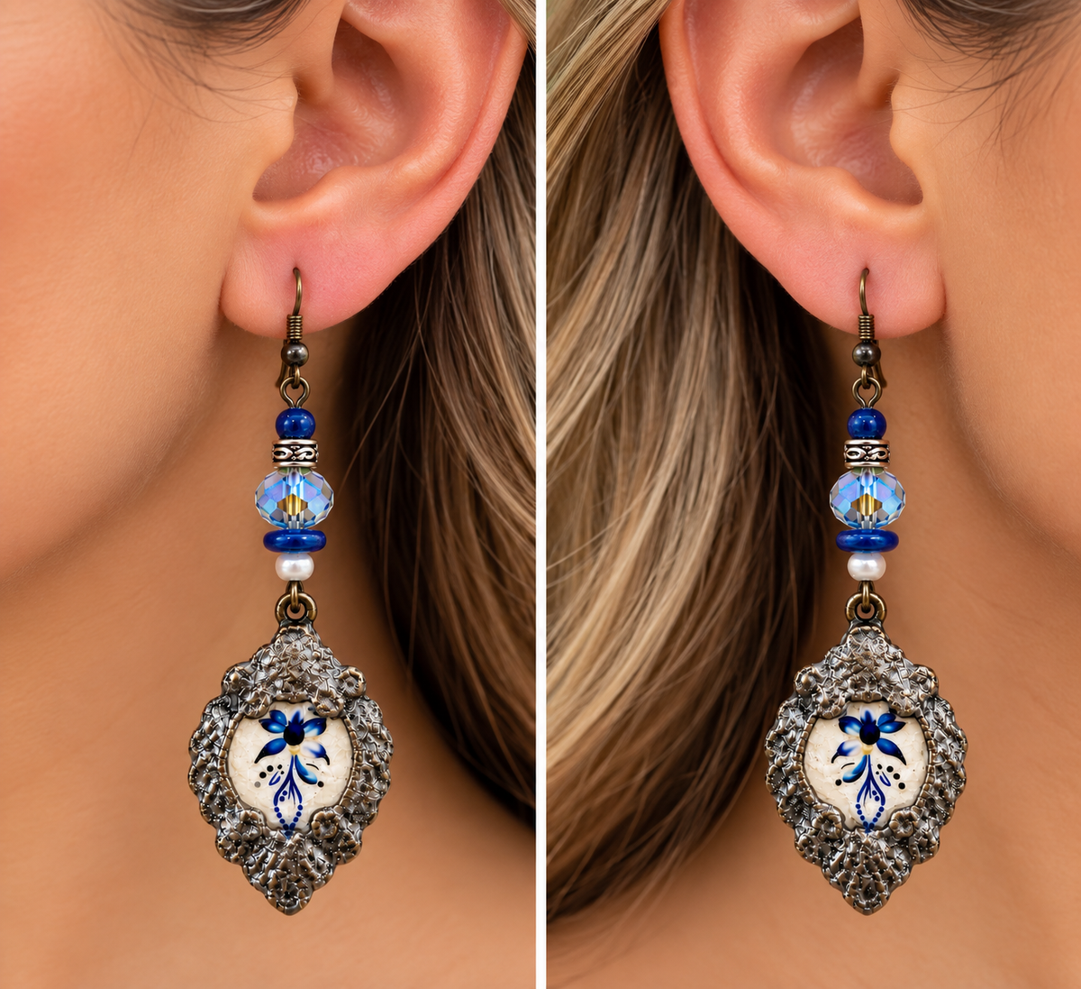 Woman wearing blue floral dangle earrings with ornate frames