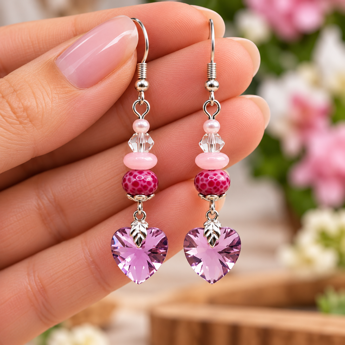 A pair of dangling earrings held between fingers. Each earring has silver-tone hooks, small clear and pink beads, a textured magenta bead, and a large heart-shaped pink crystal dangle.