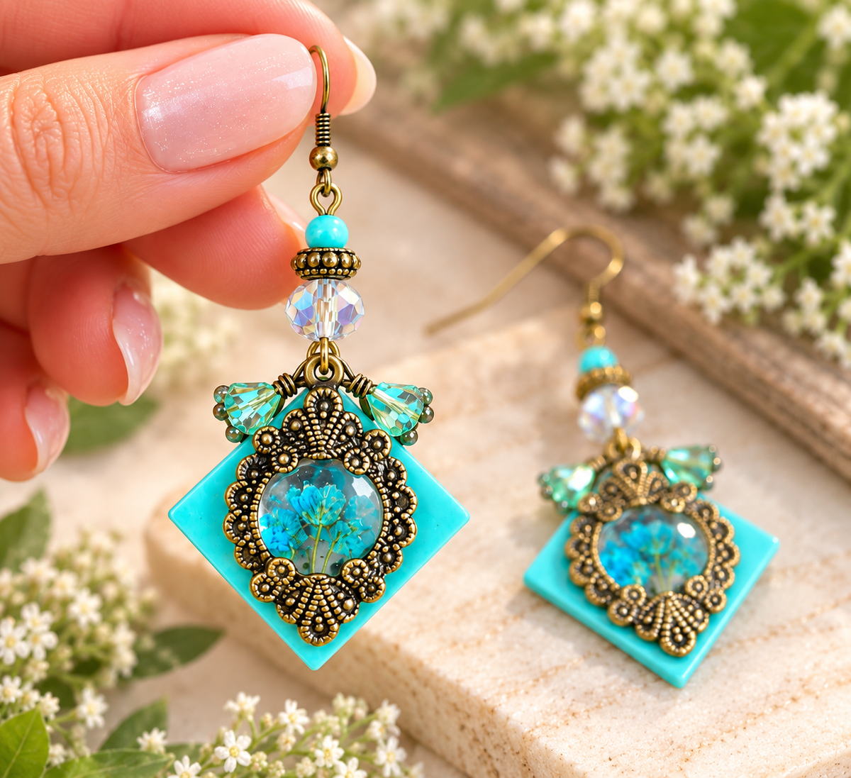 Close-up of antique bronze square resin earring with blue floral detail