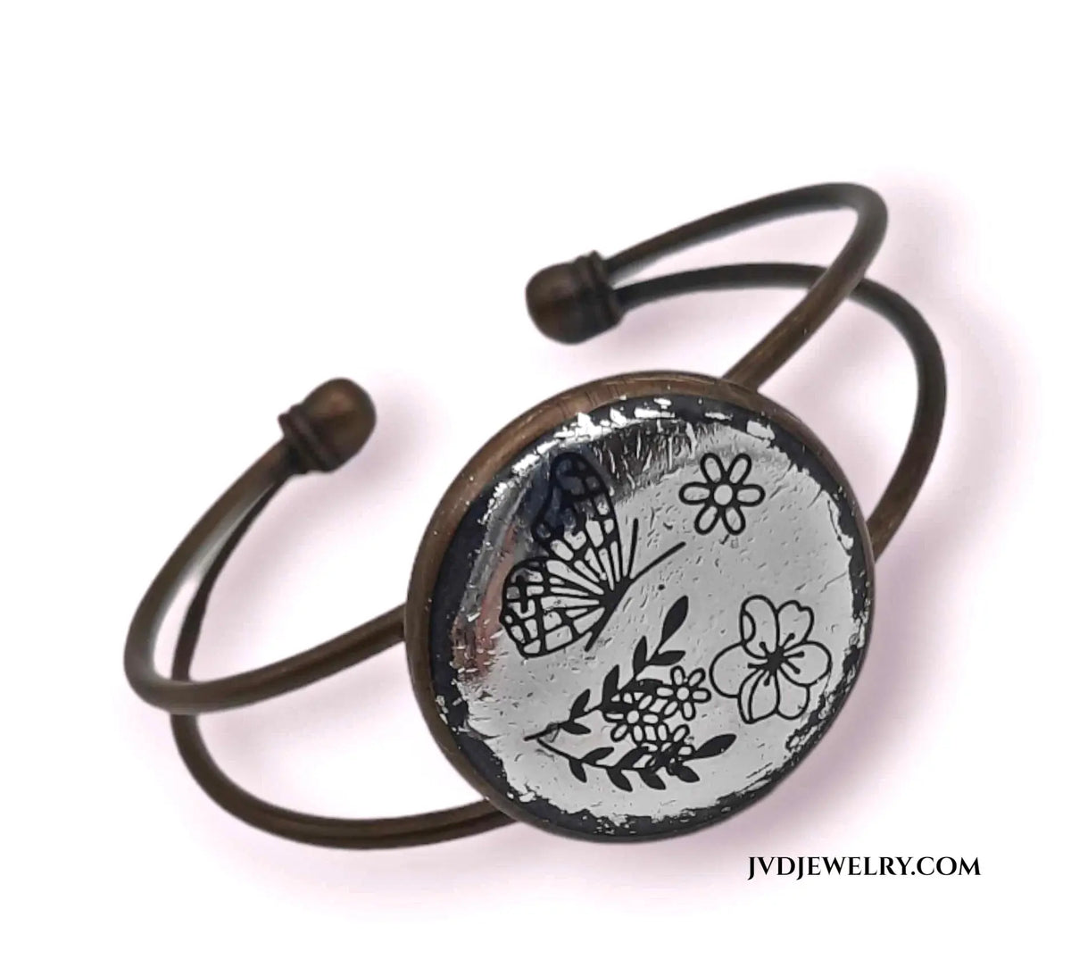 Adjustable Antique Bronze Bracelet - Handmade Resin Foil Rustic Jewelry