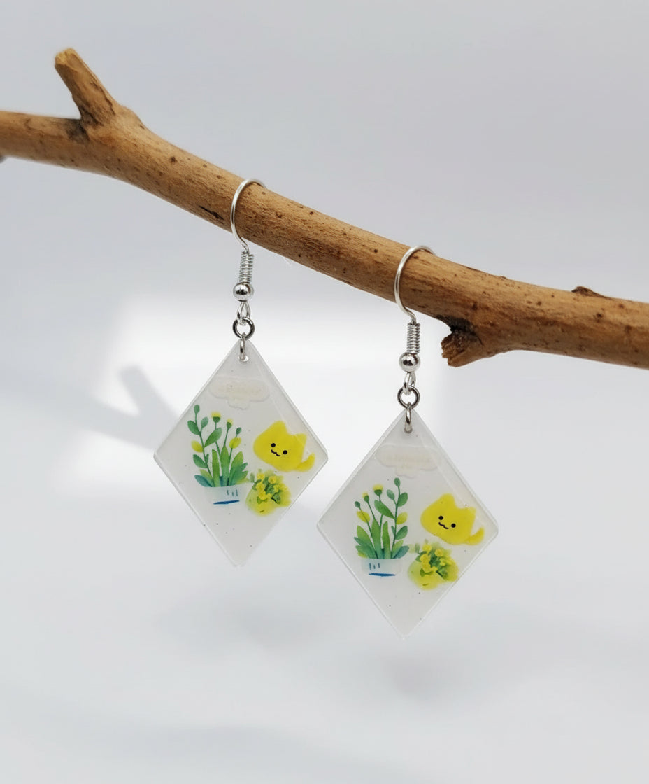 Resincrete white motif spring cat Earrings 2.25inches Easter