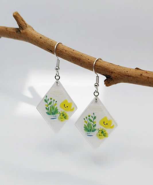 Resincrete white motif spring cat Earrings 2.25inches Easter
