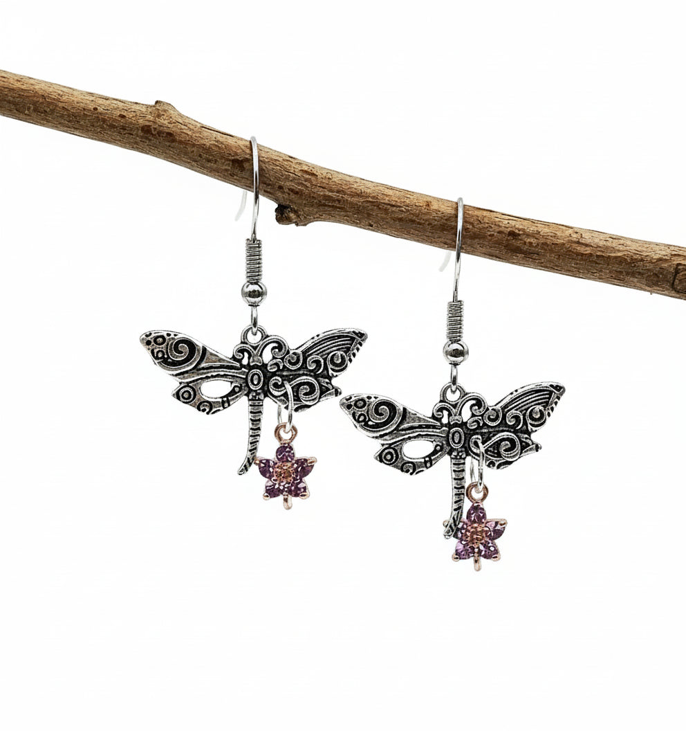 Short 1.5-inch silver dragonfly earrings