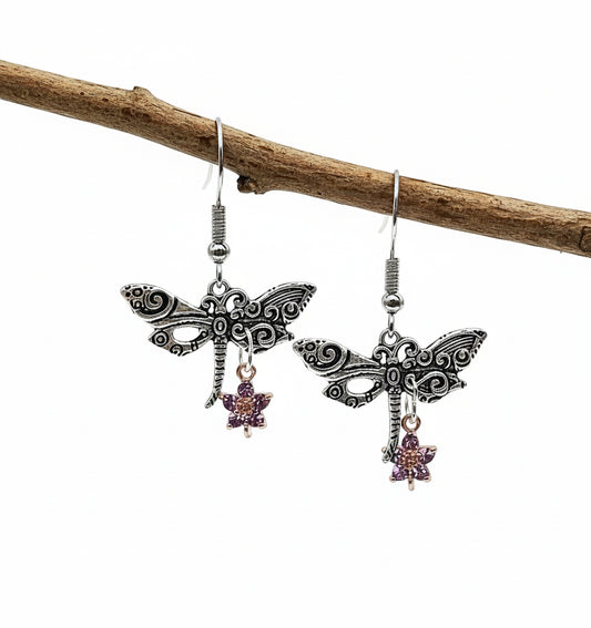 Short 1.5-inch silver dragonfly earrings