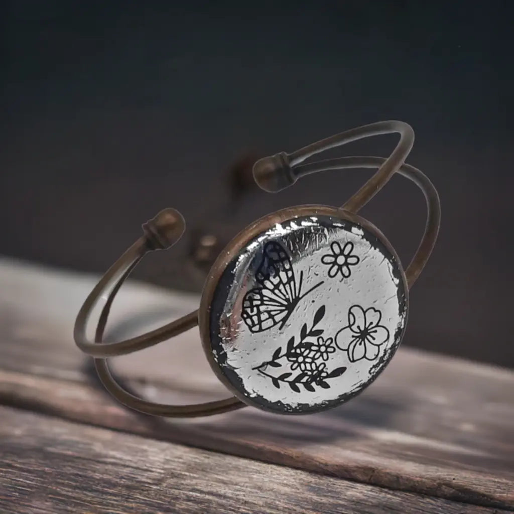 Adjustable Antique Bronze Bracelet - Handmade Resin Foil Rustic Jewelry