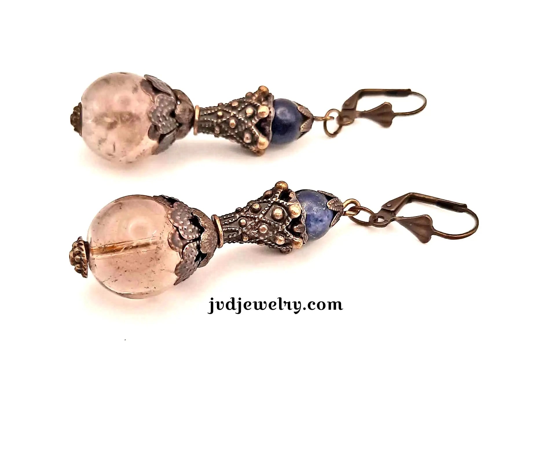 Lapis Lazuli Stone Earrings - Antique Bronze Leverback 2.25" | Blue Gemstone