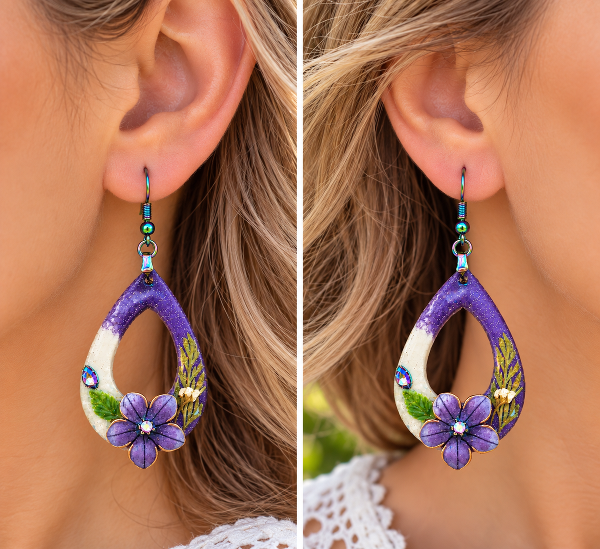 Woman wearing purple floral resin teardrop earrings with pressed flowers