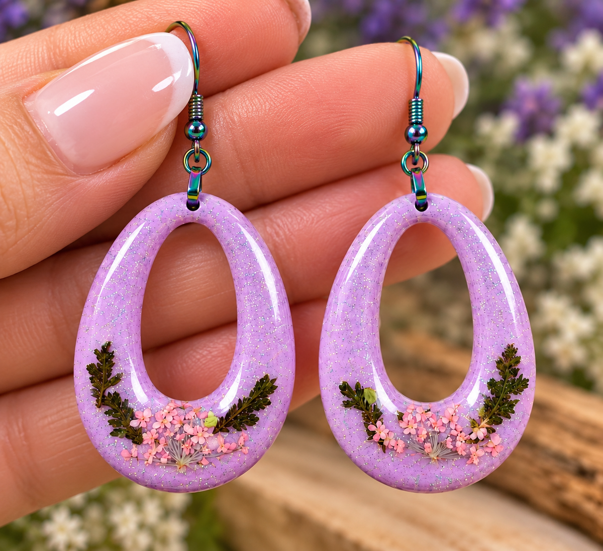 Hand holding lavender resin oval hoop earrings with dried flowers