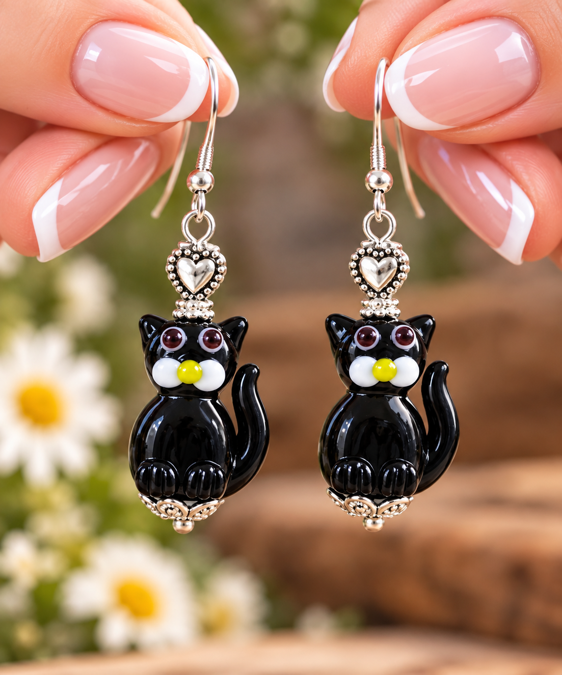 A pair of dangling earrings shaped like black cats, held by two hands with manicured nails. The cats have white and yellow flower details on their faces and are set in silver-tone metal.