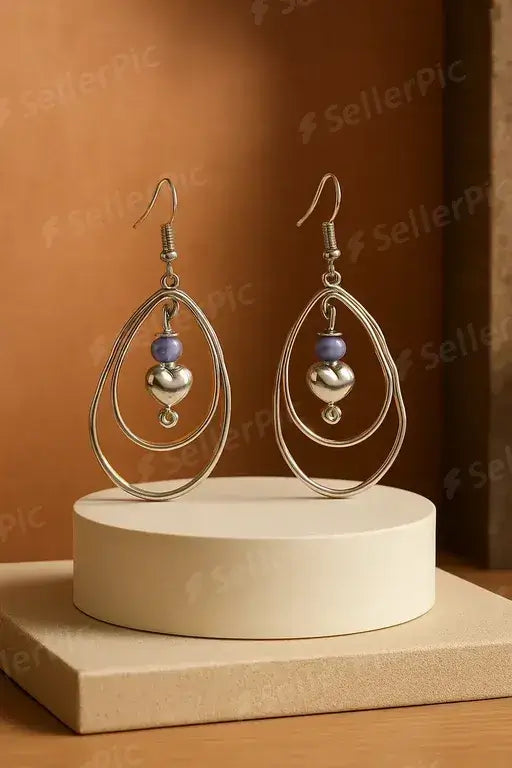 Silver Drop Hoop Earrings with Hearts - Beaded Dangle Hoop Earrings