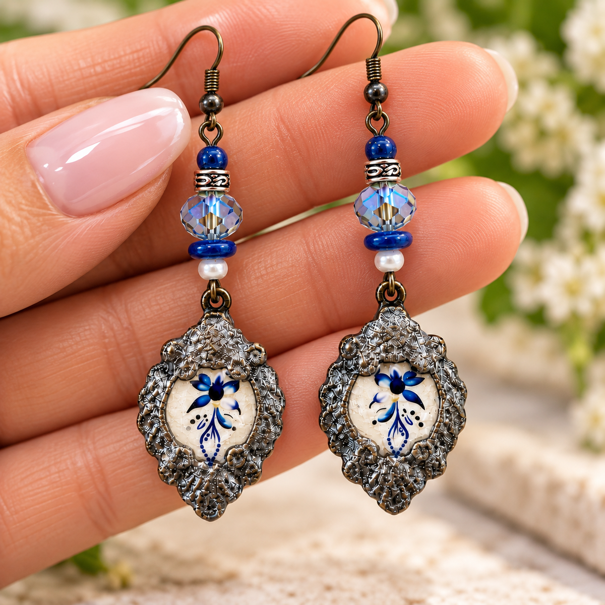 Hand holding blue floral dangle earrings with crystal beads