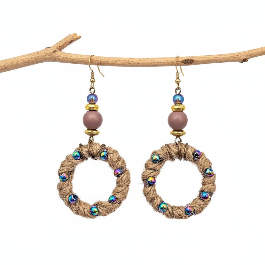 Bohemian Style Hematite, Jute & Wood Bead Round Dangle Earrings, 2.75" Drop, Handmade Jewelry