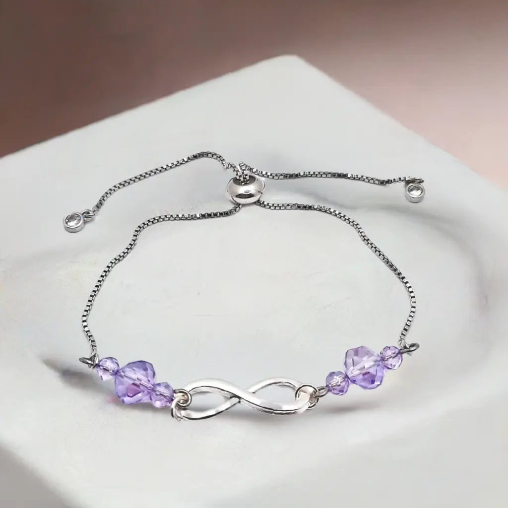 Alloy shiny silver infinity bracelet purpe crystals