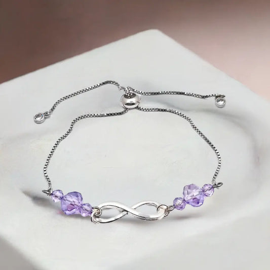 Alloy shiny silver infinity bracelet purpe crystals