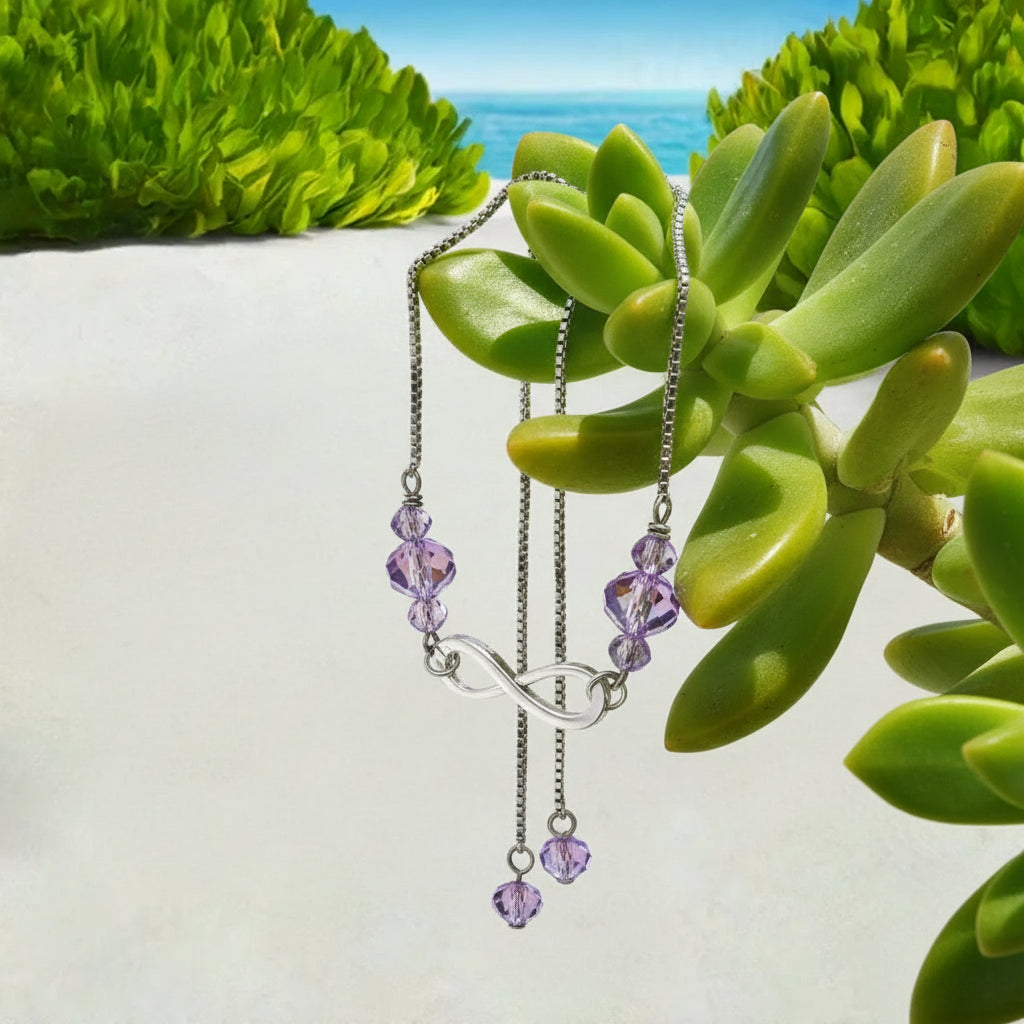 Lavender Crystal Infinity Bracelet in Shiny Silver