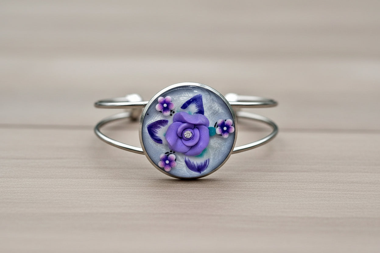 Purple flower adjustable silver bracelet by Josie