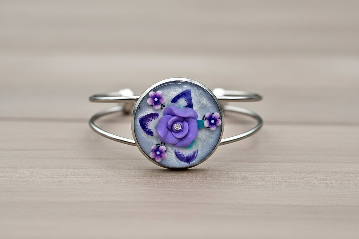 Purple flower adjustable silver bracelet by Josie